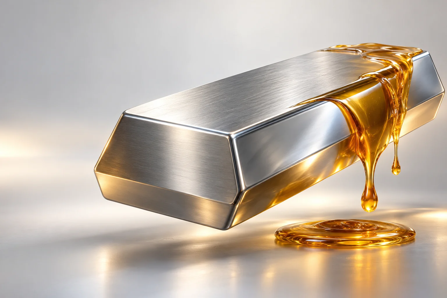 Metaliczna sztabka z gęstym bursztynowym solidolem spływającym po krawędzi